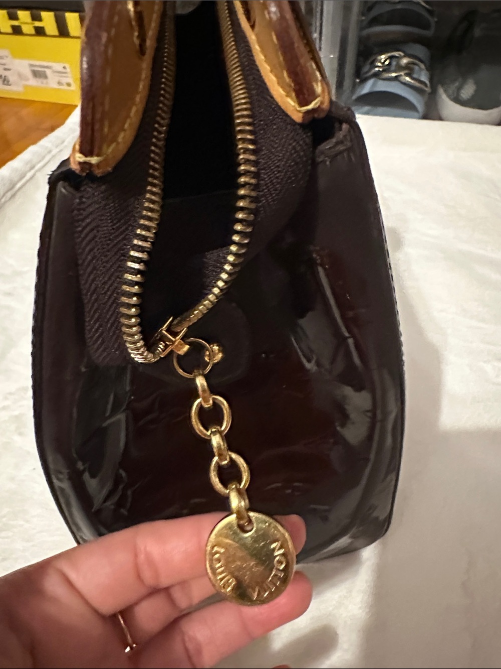 Louis Vuitton Brown Patent Vernis with Natural Vachetta Top-Handle Satchel - Picture 7 of 16